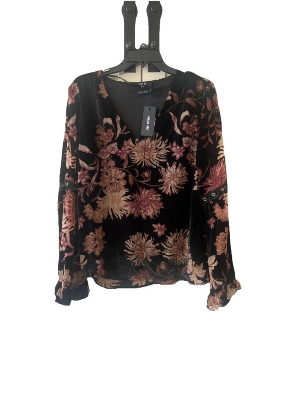 Miss Me Black Velvet Bell Sleeve Floral Blouse Size M